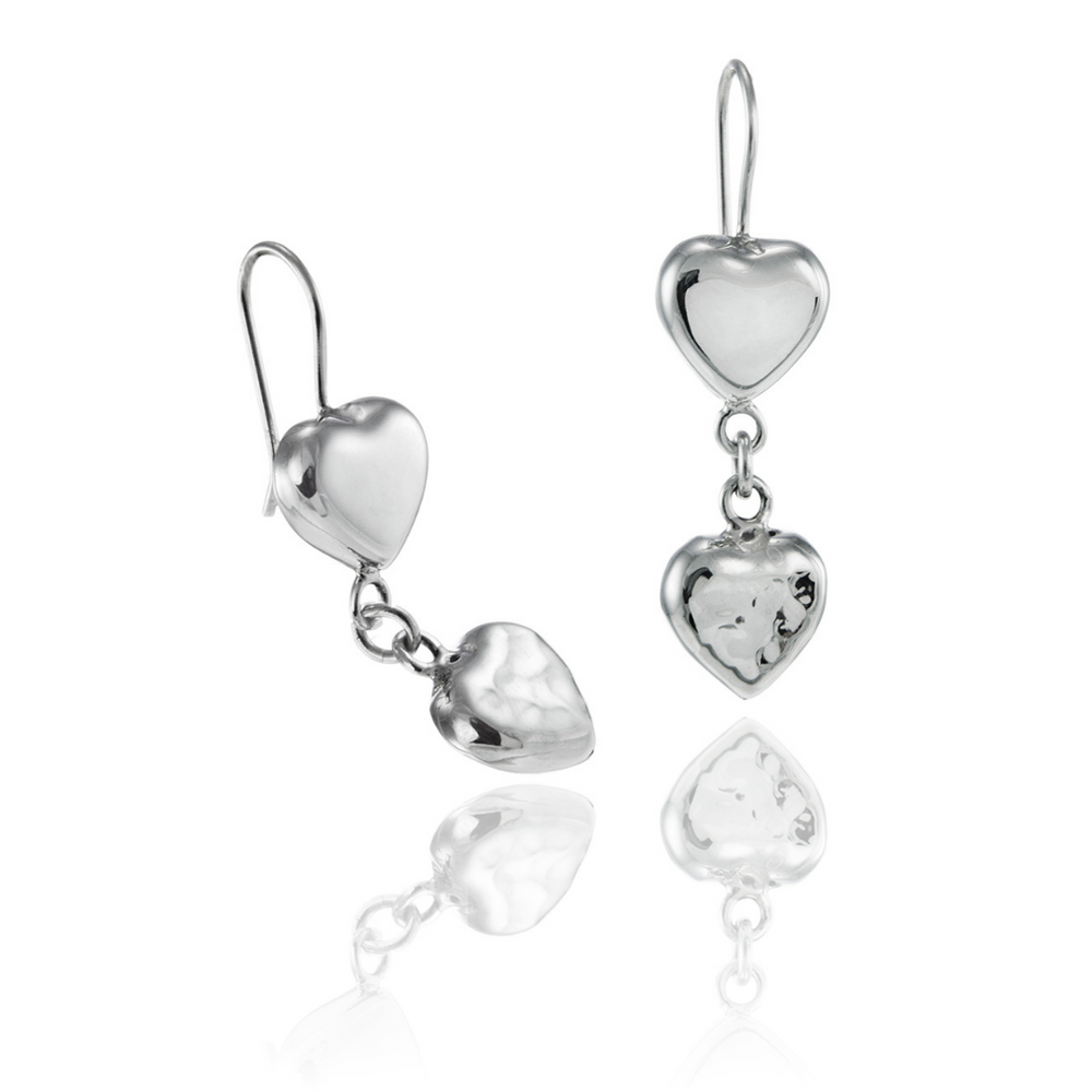 Silver Puffed Heart Drop Earrings