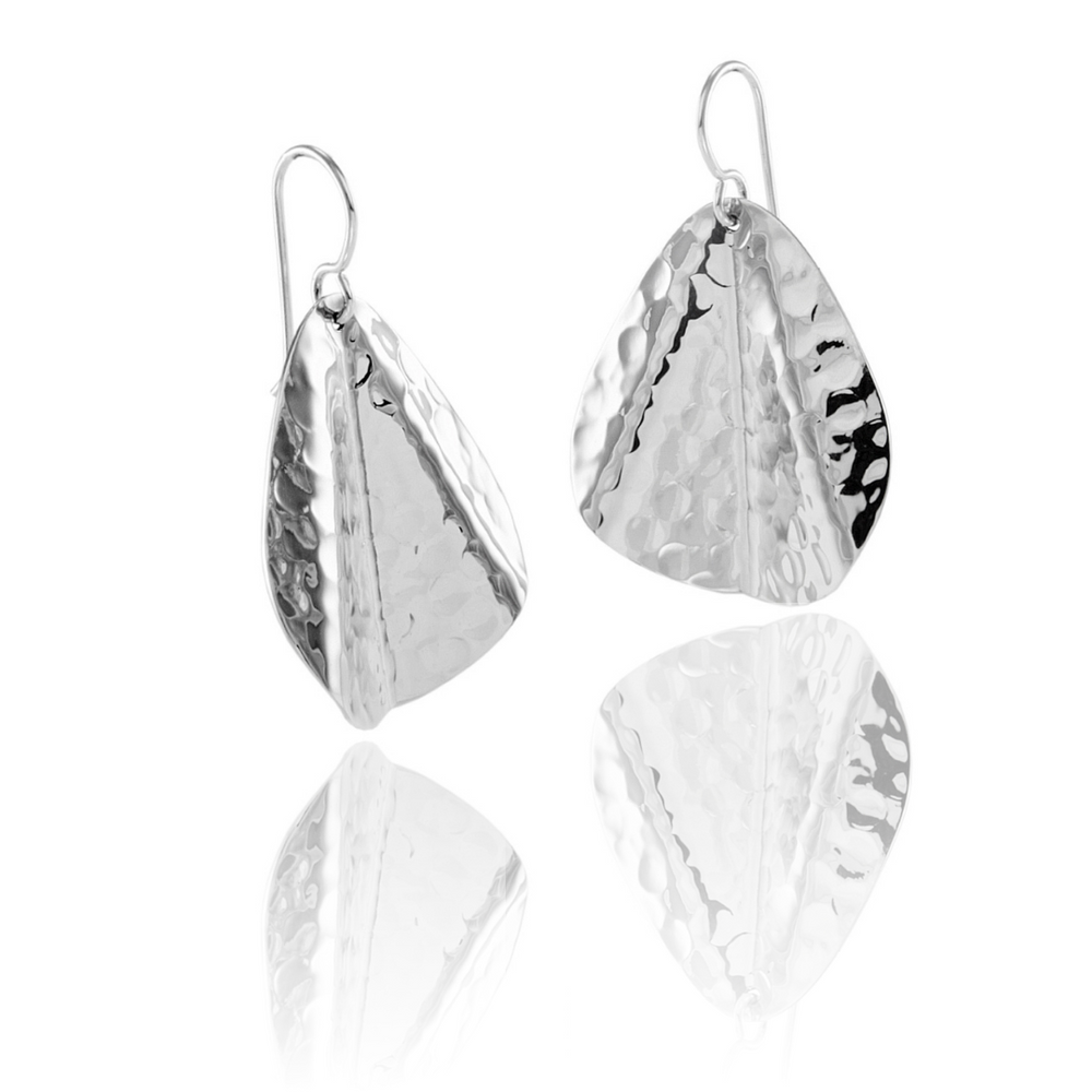 Silver Undulating Hammered Drop Earrings