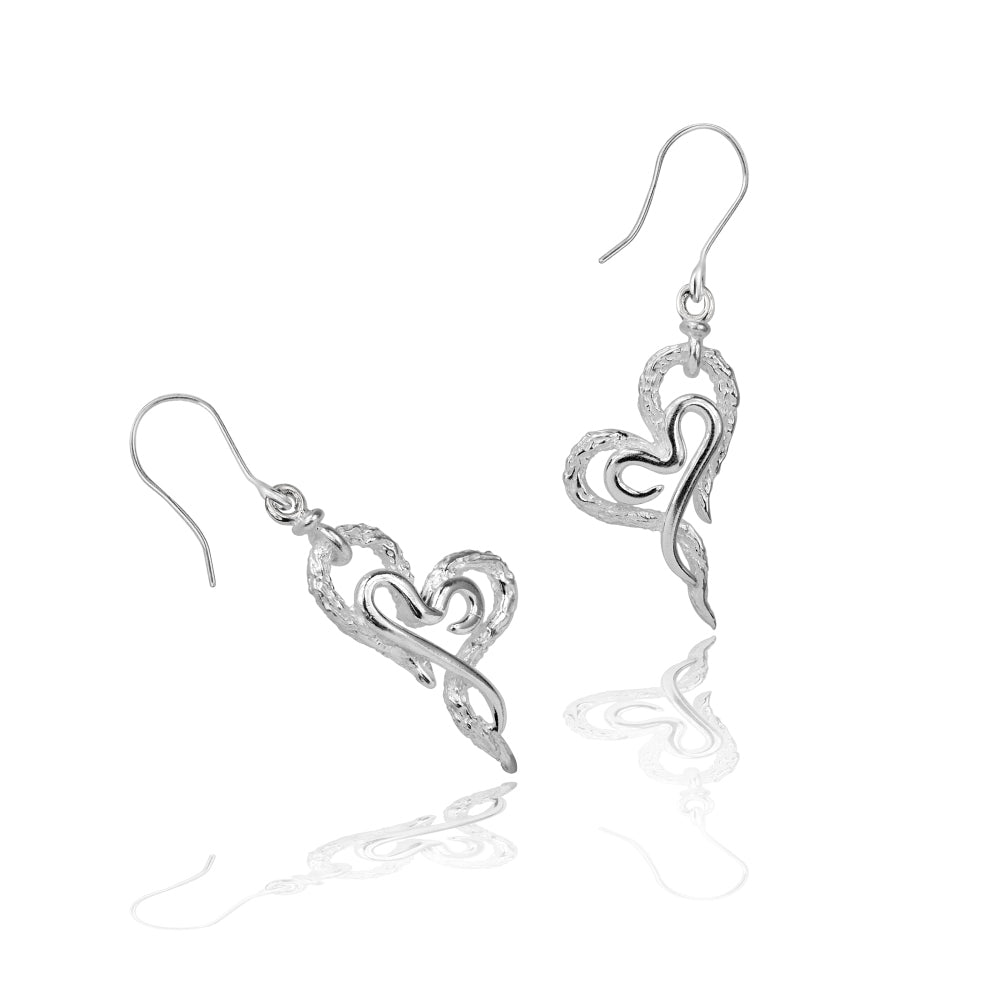 Silver Curled Double Heart Drop Earrings